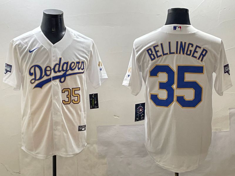 Men Los Angeles Dodgers 35 Bellinger White Gold Game 2025 Nike MLB Jersey style 12